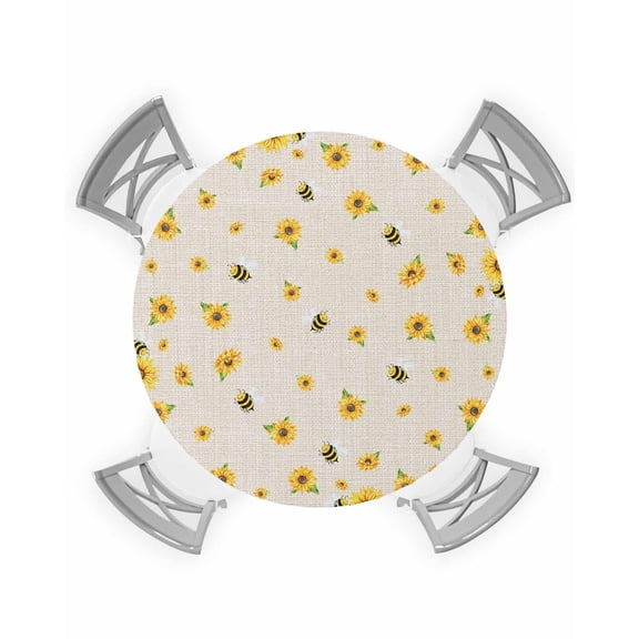 Round Tablecloth with Elastic Bee Golden Sunflowers Retro Floral Linen Waterproof Stain-proof Table Cover Wipeable Fitted Table Cloths for 55"-60" Round Tables Dining Kitchen
