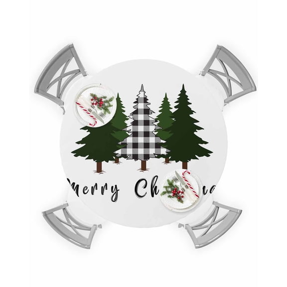Round Tablecloth with Elastic Black White Checked Christmas Tree Waterproof Stain-proof Table Cover Wipeable Fitted Table Cloths for 45"-54" Round Tables Dining Kitchen Indoor Outdoor Use