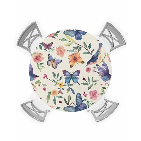Round Tablecloth with Elastic Blue Birds Butterfly Flowers Leaves Pattern Waterproof Stain-proof Table Cover Wipeable Fitted Table Cloths for 36"-44" Round Tables Dining Kitchen