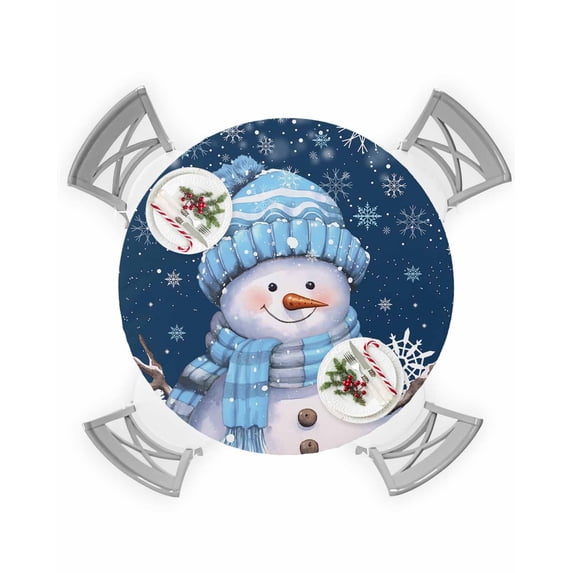 Round Tablecloth with Elastic Blue Christmas Snowman with Cap Xmas Tree Snowflake Waterproof Table Cover Wipeable Fitted Table Cloths for 55"-60" Round Tables Dining Kitchen Indoor Outdoor Use
