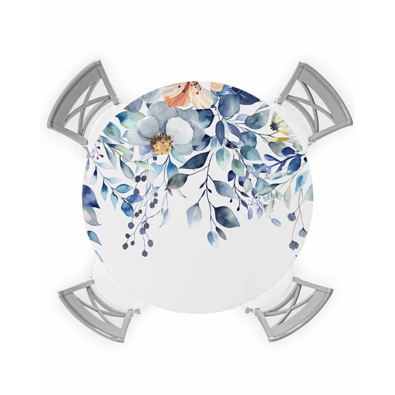 Round Tablecloth with Elastic Blue Plants Floral Eucalyptus Leaves Solid White Background Waterproof Stain-proof Table Cover Wipeable Fitted Table Cloths for 36"-44" Round Tables Dining Kitchen