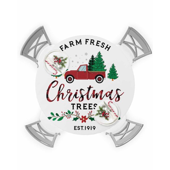 Round Tablecloth with Elastic Buffalo Truch,Rustic Farm Chritmas Tree Waterproof Stain-proof Table Cover Wipeable Fitted Table Cloths for 36"-44" Round Tables Dining Kitchen Indoor Outdoor Use
