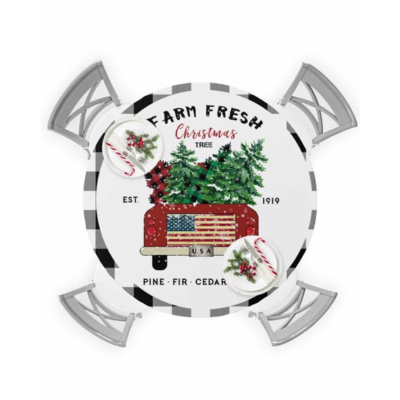 Round Tablecloth with Elastic Buffalo Truch,Rustic Farm Chritmas Tree Waterproof Stain-proof Table Cover Wipeable Fitted Table Cloths for 55"-60" Round Tables Dining Kitchen Indoor Outdoor Use