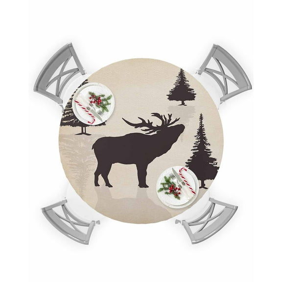 Round Tablecloth with Elastic Christams Tree and Elk Silhouettes Retro Background Waterproof Table Cover Wipeable Fitted Table Cloths for 45"-54" Round Tables Dining Kitchen Indoor Outdoor Use