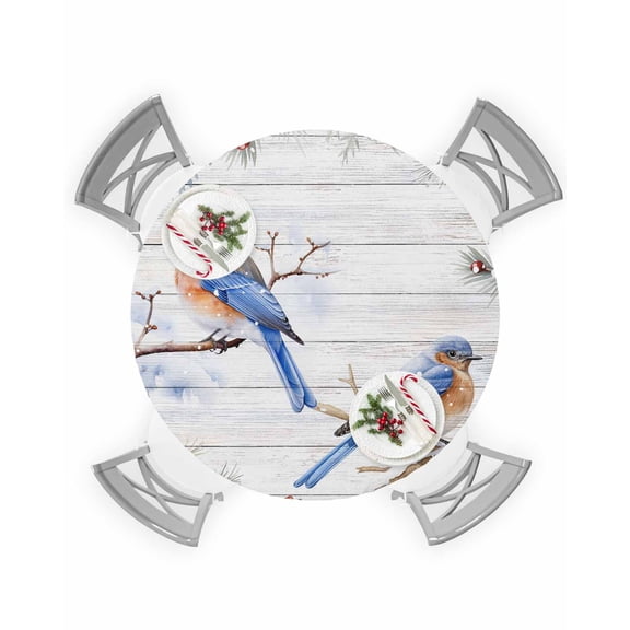 Round Tablecloth with Elastic Christmas Blue Robin on Pine Tree Winter Berry Wood Grain Waterproof Table Cover Wipeable Fitted Table Cloths for 55"-60" Round Tables Dining Kitchen Indoor Outdoor Use