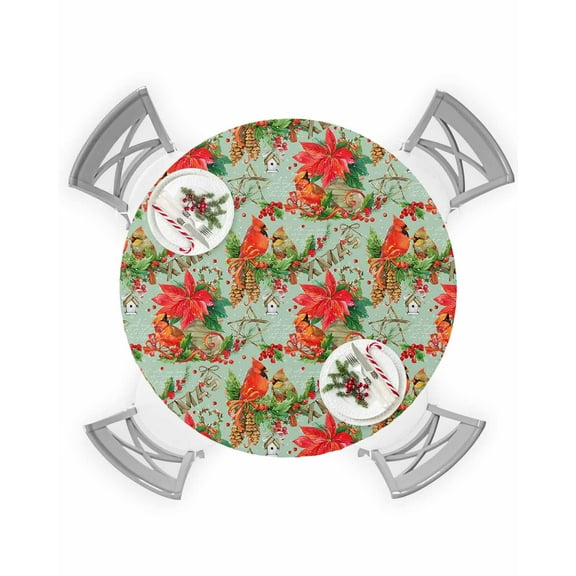 Round Tablecloth with Elastic Christmas Cardinal Bird Poinsettia in Green Background Waterproof Table Cover Wipeable Fitted Table Cloths for 36"-44" Round Tables Dining Kitchen Indoor Outdoor Use