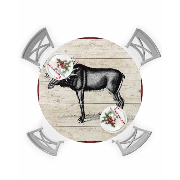 Round Tablecloth with Elastic Christmas Elk Red Black Plaid Wood Grain Background Waterproof Table Cover Wipeable Fitted Table Cloths for 45"-54" Round Tables Dining Kitchen Indoor Outdoor Use