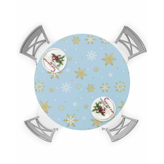 Round Tablecloth with Elastic Christmas Gold and White Snowflake Light Blue Waterproof Stain-proof Table Cover Wipeable Fitted Table Cloths for 36"-44" Round Tables Dining Kitchen Indoor Outdoor Use