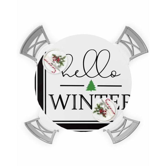 Round Tablecloth with Elastic Christmas Hello Winter Xmas Tree Black Line Waterproof Stain-proof Table Cover Wipeable Fitted Table Cloths for 55"-60" Round Tables Dining Kitchen Indoor Outdoor Use