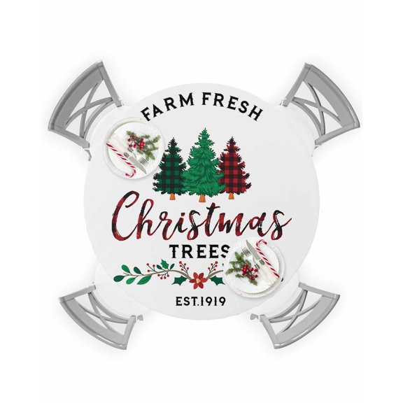 Round Tablecloth with Elastic Christmas Plaid Farm Xmas Tree White Background Waterproof Table Cover Wipeable Fitted Table Cloths for 36"-44" Round Tables Dining Kitchen Indoor Outdoor Use