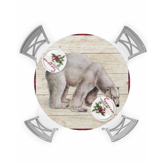 Round Tablecloth with Elastic Christmas Polar Bear Red Black Plaid Wood Grain Background Waterproof Table Cover Wipeable Fitted Table Cloths for 45"-54" Round Tables Dining Kitchen Indoor Outdoor Use