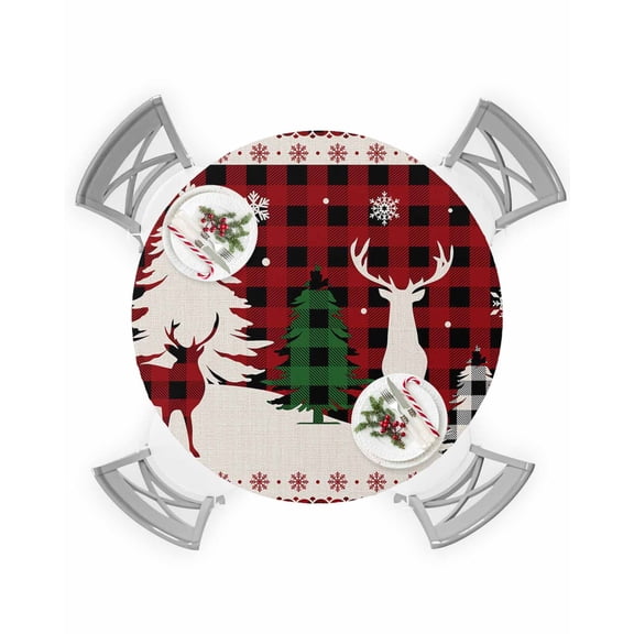 Round Tablecloth with Elastic Christmas Red Black Plaid Reindeer Xmas Tree Silhouette Waterproof Table Cover Wipeable Fitted Table Cloths for 45"-54" Round Tables Dining Kitchen Indoor Outdoor Use