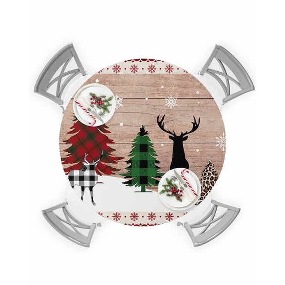 Round Tablecloth with Elastic Christmas Red Black Plaid Reindeer Xmas Tree Wood Grain Waterproof Table Cover Wipeable Fitted Table Cloths for 36"-44" Round Tables Dining Kitchen Indoor Outdoor Use
