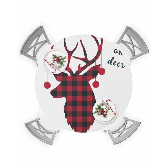 Round Tablecloth with Elastic Christmas Red Buffalo Check Plaid Deer Head Waterproof Stain-proof Table Cover Wipeable Fitted Table Cloths for 36"-44" Round Tables Dining Kitchen Indoor Outdoor Use