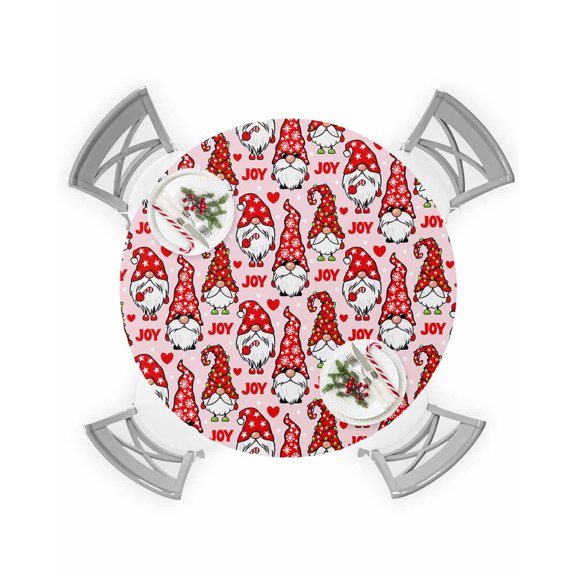 Round Tablecloth with Elastic Christmas Red Gnome and Heart in Pick Background Waterproof Table Cover Wipeable Fitted Table Cloths for 36"-44" Round Tables Dining Kitchen Indoor Outdoor Use