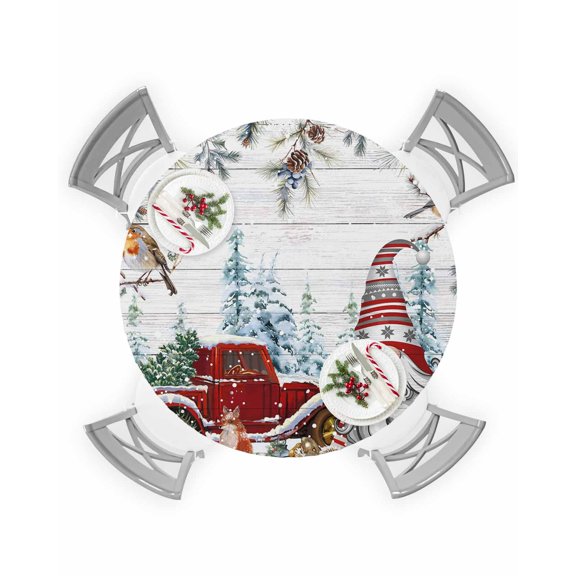 Round Tablecloth with Elastic Christmas Red Gnome Truck Xmas Tree Robin Gifts Wood Grain Waterproof Table Cover Wipeable Fitted Table Cloths for 36"-44" Round Tables Dining Kitchen Indoor Outdoor Use