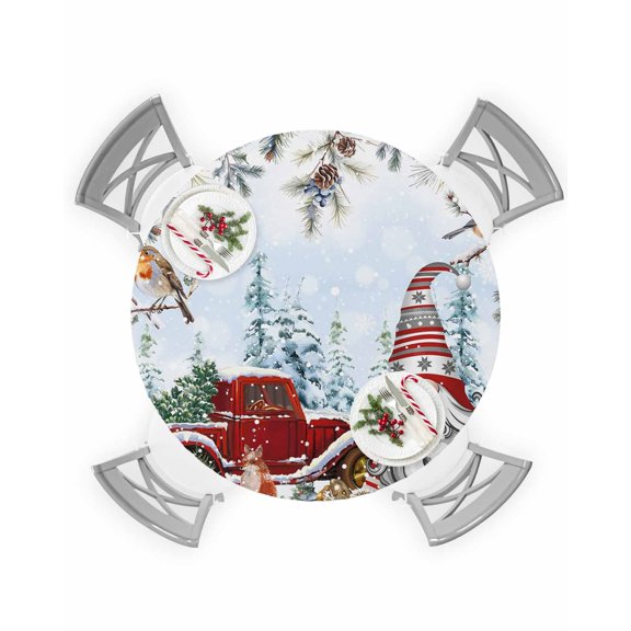 Round Tablecloth with Elastic Christmas Red Gnome Truck Xmas Tree Robin Pine Tree Gifts Waterproof Table Cover Wipeable Fitted Table Cloths for 36"-44" Round Tables Dining Kitchen Indoor Outdoor Use