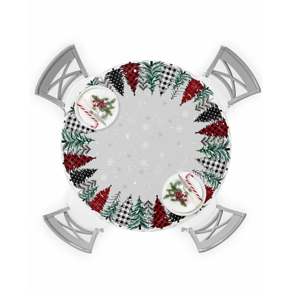 Round Tablecloth with Elastic Christmas Red Green Black Xmas Tree Snowflake Gray Waterproof Table Cover Wipeable Fitted Table Cloths for 36"-44" Round Tables Dining Kitchen Indoor Outdoor Use