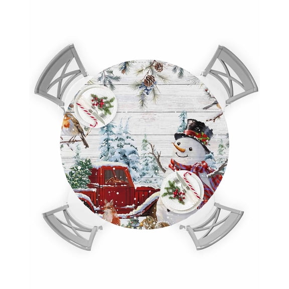 Round Tablecloth with Elastic Christmas Red Snowman Truck Xmas Tree Robin Gifts Wood Grain Waterproof Table Cover Wipeable Fitted Table Cloths for 36"-44" Round Tables Dining Kitchen