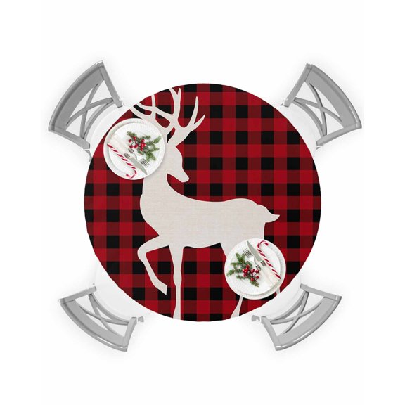 Round Tablecloth with Elastic Christmas Reindeer on Black Red Plaid Background Waterproof Table Cover Wipeable Fitted Table Cloths for 45"-54" Round Tables Dining Kitchen Indoor Outdoor Use