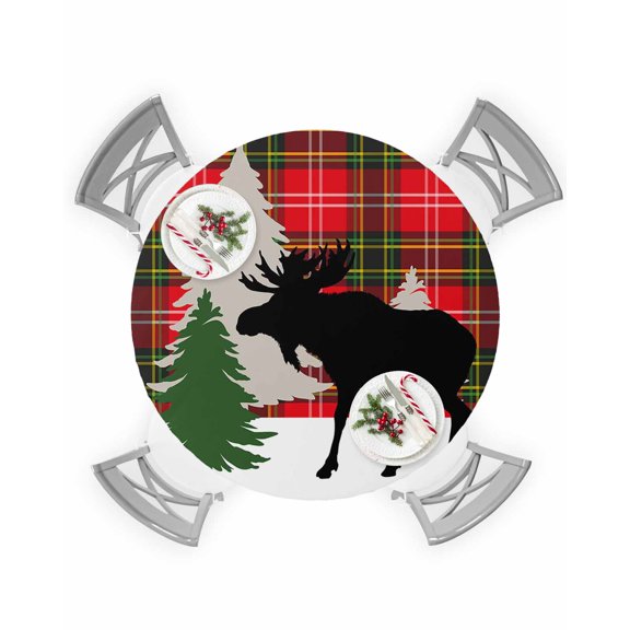 Round Tablecloth with Elastic Christmas Reindeer Silhouette Xmas Tree Plaid Check Background Waterproof Table Cover Wipeable Fitted Table Cloths for 45"-54" Round Tables Dining Kitchen