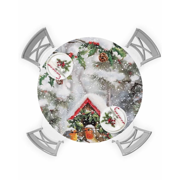 Round Tablecloth with Elastic Christmas Robin Bird House Holly Berry Xmas Tree Waterproof Table Cover Wipeable Fitted Table Cloths for 36"-44" Round Tables Dining Kitchen Indoor Outdoor Use