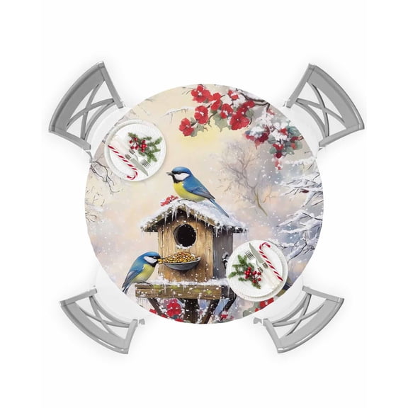 Round Tablecloth with Elastic Christmas Robin Bird House Red Flowers Snowy Forest Waterproof Table Cover Wipeable Fitted Table Cloths for 36"-44" Round Tables Dining Kitchen Indoor Outdoor Use