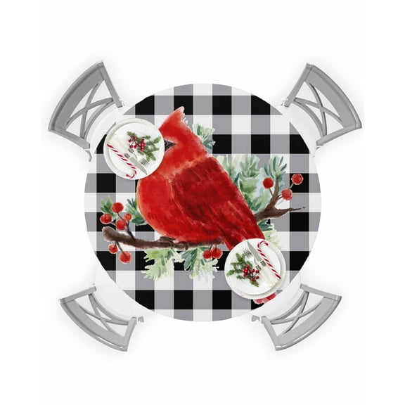 Round Tablecloth with Elastic Christmas Robin Black White Buffalo Plaid Waterproof Stain-proof Table Cover Wipeable Fitted Table Cloths for 36"-44" Round Tables Dining Kitchen Indoor Outdoor Use