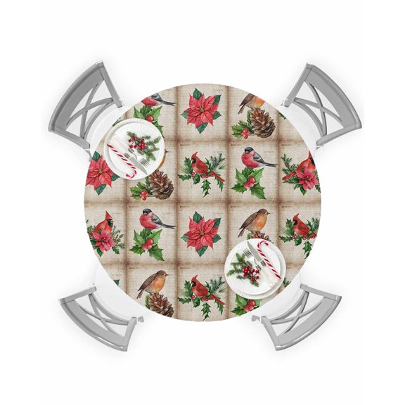 Round Tablecloth with Elastic Christmas Robin with Flowers on Buffalo Plaid Waterproof Stain-proof Table Cover Wipeable Fitted Table Cloths for 36"-44" Round Tables Dining Kitchen Indoor Outdoor Use
