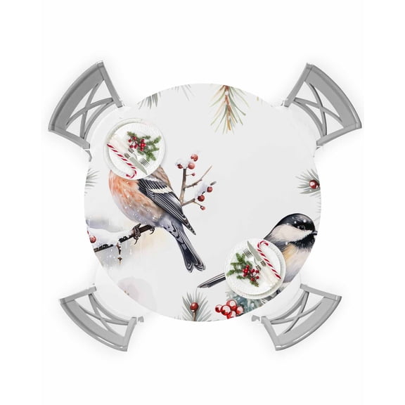Round Tablecloth with Elastic Christmas Robins on Pine Tree Winter Berry Waterproof Stain-proof Table Cover Wipeable Fitted Table Cloths for 36"-44" Round Tables Dining Kitchen Indoor Outdoor Use