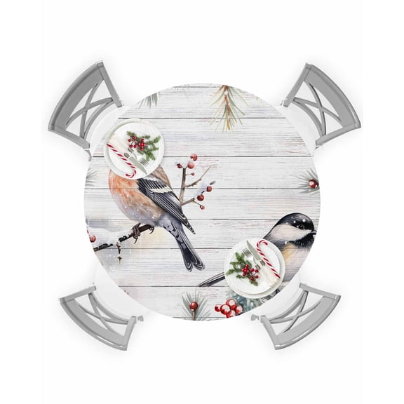 Round Tablecloth with Elastic Christmas Robins on Pine Tree Winter Berry Wood Grain Waterproof Table Cover Wipeable Fitted Table Cloths for 45"-54" Round Tables Dining Kitchen Indoor Outdoor Use