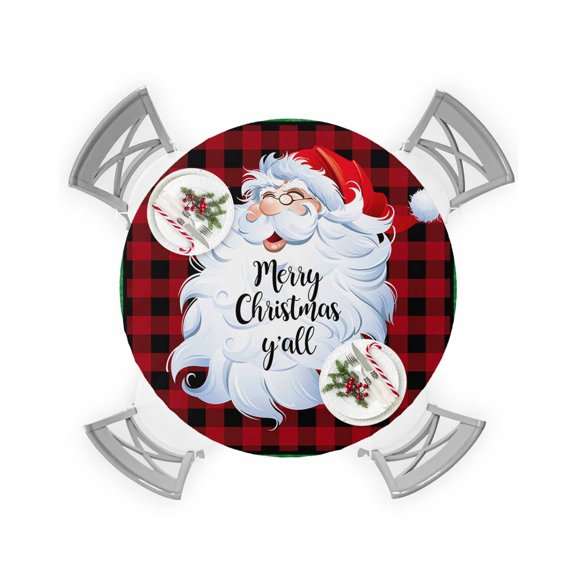 Round Tablecloth with Elastic Christmas Santa Claus in Snow and Plaid Texture Background Waterproof Table Cover Wipeable Fitted Table Cloths for 45"-54" Round Tables Dining Kitchen Indoor Outdoor Use