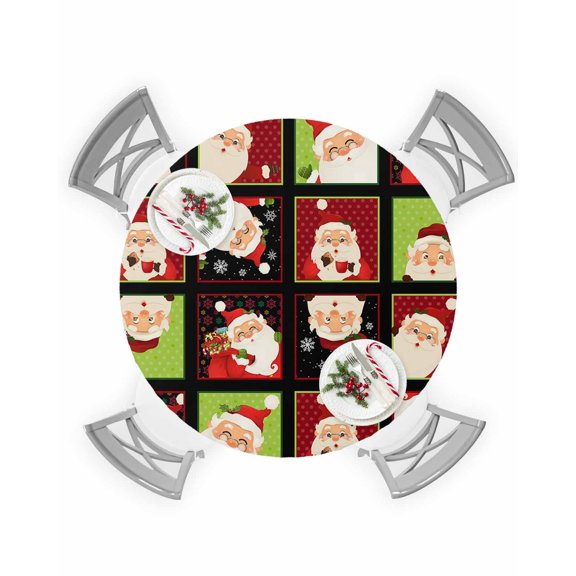 Round Tablecloth with Elastic Christmas Santa Claus Snowflakes in Plaid Background Waterproof Table Cover Wipeable Fitted Table Cloths for 55"-60" Round Tables Dining Kitchen Indoor Outdoor Use