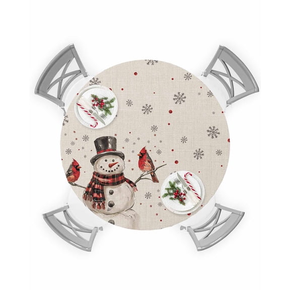 Round Tablecloth with Elastic Christmas Snowflake Snowman Robin Bird Red Berry Linen Texture Waterproof Table Cover Wipeable Fitted Table Cloths for 36"-44" Round Tables Dining Kitchen