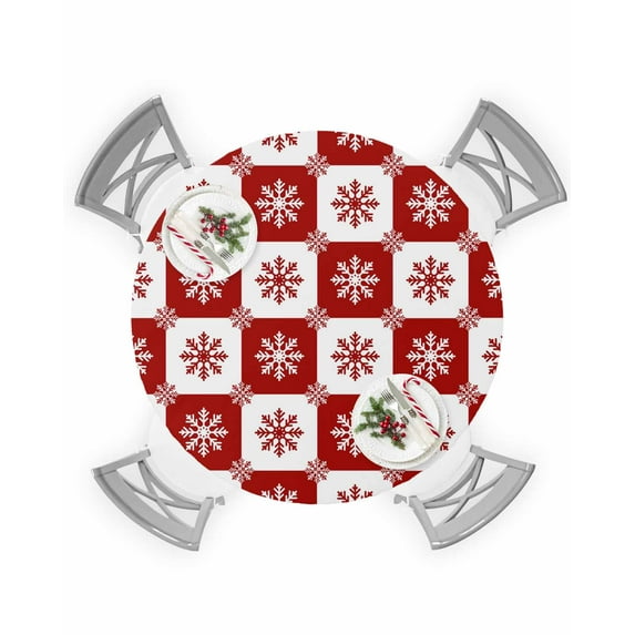 Round Tablecloth with Elastic Christmas Snowflakes Red and White Plaid Waterproof Stain-proof Table Cover Wipeable Fitted Table Cloths for 45"-54" Round Tables Dining Kitchen Indoor Outdoor Use