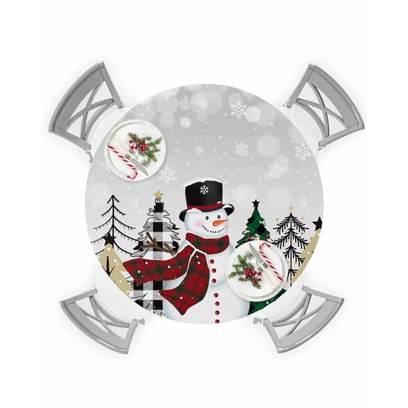 Round Tablecloth with Elastic Christmas Snowman Green Buffalo Plaid Xmas Tree Grey Waterproof Table Cover Wipeable Fitted Table Cloths for 45"-54" Round Tables Dining Kitchen Indoor Outdoor Use
