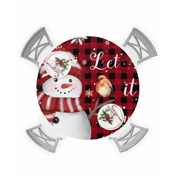 Round Tablecloth with Elastic Christmas Snowman Snowflake Branch Bird Red Black Buffalo Plaid Waterproof Table Cover Wipeable Fitted Table Cloths for 45"-54" Round Tables Dining Kitchen