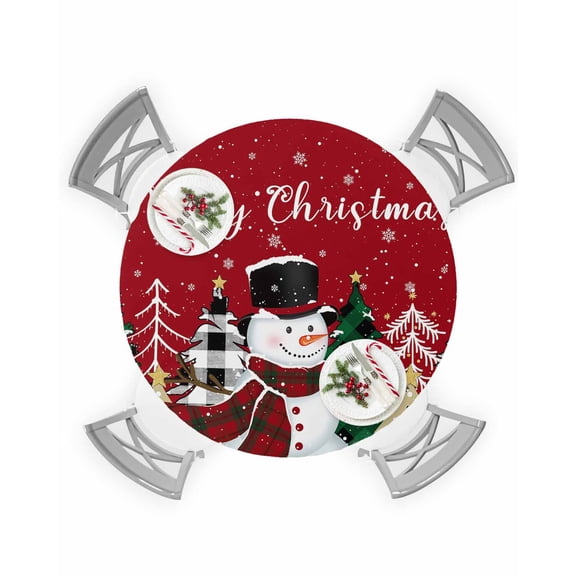 Round Tablecloth with Elastic Christmas Snowman Xmas Tree Snowflake Red Waterproof Stain-proof Table Cover Wipeable Fitted Table Cloths for 36"-44" Round Tables Dining Kitchen Indoor Outdoor Use