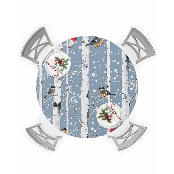 Round Tablecloth with Elastic Christmas Tree Robin Snowflake Light Blue Watercolor Waterproof Table Cover Wipeable Fitted Table Cloths for 55"-60" Round Tables Dining Kitchen Indoor Outdoor Use