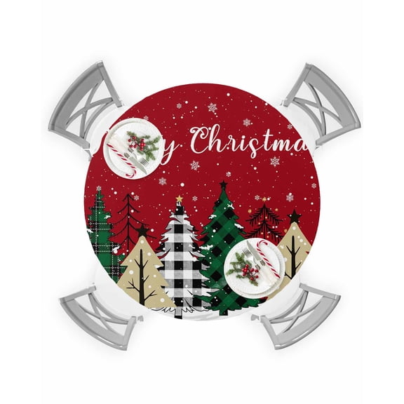 Round Tablecloth with Elastic Christmas Tree Winter Snowflae Red Waterproof Stain-proof Table Cover Wipeable Fitted Table Cloths for 36"-44" Round Tables Dining Kitchen Indoor Outdoor Use