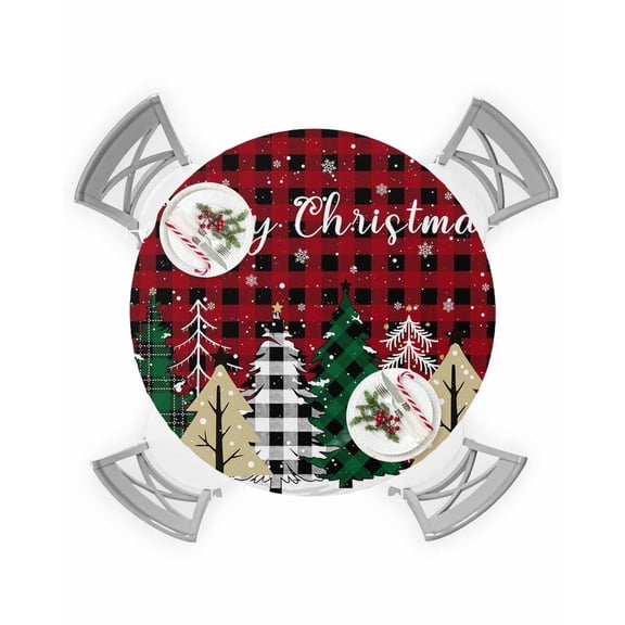 Round Tablecloth with Elastic Christmas Tree Winter Snowflake Red Black Plaid Waterproof Table Cover Wipeable Fitted Table Cloths for 36"-44" Round Tables Dining Kitchen Indoor Outdoor Use
