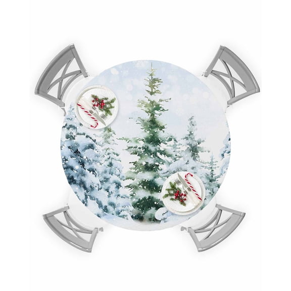 Round Tablecloth with Elastic Christmas Tree Winter Snowy Waterproof Stain-proof Table Cover Wipeable Fitted Table Cloths for 55"-60" Round Tables Dining Kitchen Indoor Outdoor Use