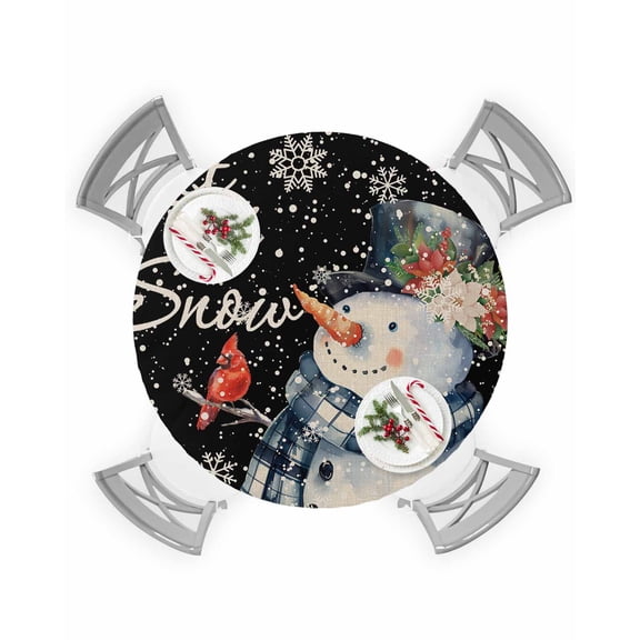 Round Tablecloth with Elastic Christmas Watercolor Snowman Snowflakes Robin Black Vintage Waterproof Table Cover Wipeable Fitted Table Cloths for 45"-54" Round Tables Dining Kitchen
