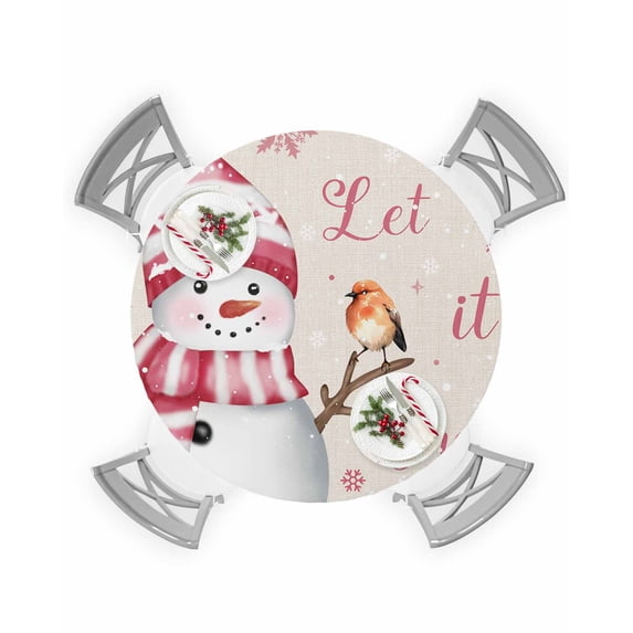 Round Tablecloth with Elastic Christmas Winter Pink Snowman Snowflake Cute Bird Waterproof Table Cover Wipeable Fitted Table Cloths for 55"-60" Round Tables Dining Kitchen Indoor Outdoor Use