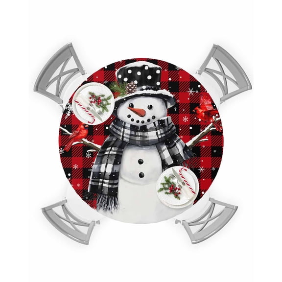 Round Tablecloth with Elastic Christmas Winter Snowflake Snowman Cone Red Robin Buffalo Plaid Waterproof Table Cover Wipeable Fitted Table Cloths for 55"-60" Round Tables Dining Kitchen