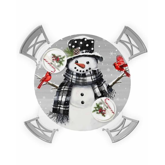 Round Tablecloth with Elastic Christmas Winter Snowflake Snowman Cone Red Robin Gray Waterproof Table Cover Wipeable Fitted Table Cloths for 55"-60" Round Tables Dining Kitchen Indoor Outdoor Use