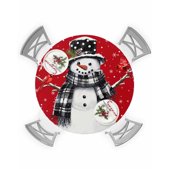 Round Tablecloth with Elastic Christmas Winter Snowflake Snowman Red Robin Bird Waterproof Table Cover Wipeable Fitted Table Cloths for 55"-60" Round Tables Dining Kitchen Indoor Outdoor Use