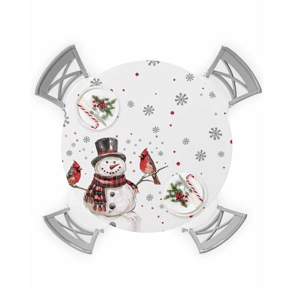 Round Tablecloth with Elastic Christmas Winter Snowman Snowflake Snowing Robin Bird Waterproof Table Cover Wipeable Fitted Table Cloths for 45"-54" Round Tables Dining Kitchen Indoor Outdoor Use