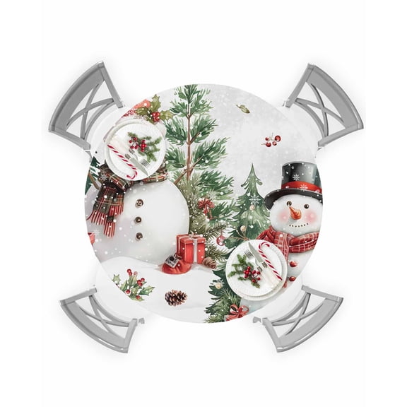 Round Tablecloth with Elastic Christmas Winter Snowman Xmas Tree Holly Berry Poinsettia Waterproof Table Cover Wipeable Fitted Table Cloths for 55"-60" Round Tables Dining Kitchen Indoor Outdoor Use