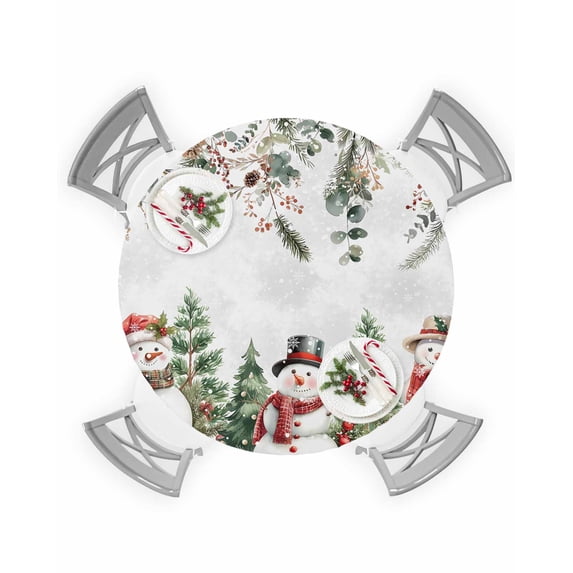 Round Tablecloth with Elastic Christmas Winter Snowman Xmas Tree Poinsettia Eucalyptus Waterproof Table Cover Wipeable Fitted Table Cloths for 36"-44" Round Tables Dining Kitchen Indoor Outdoor Use